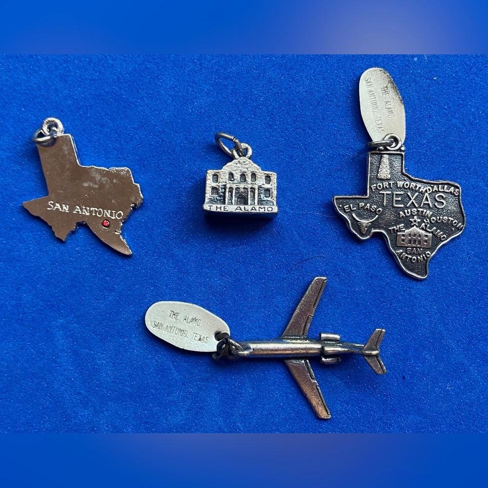 4 Vintage Sterling Silver Texas Charms, Airplane, Alamo, & Maps